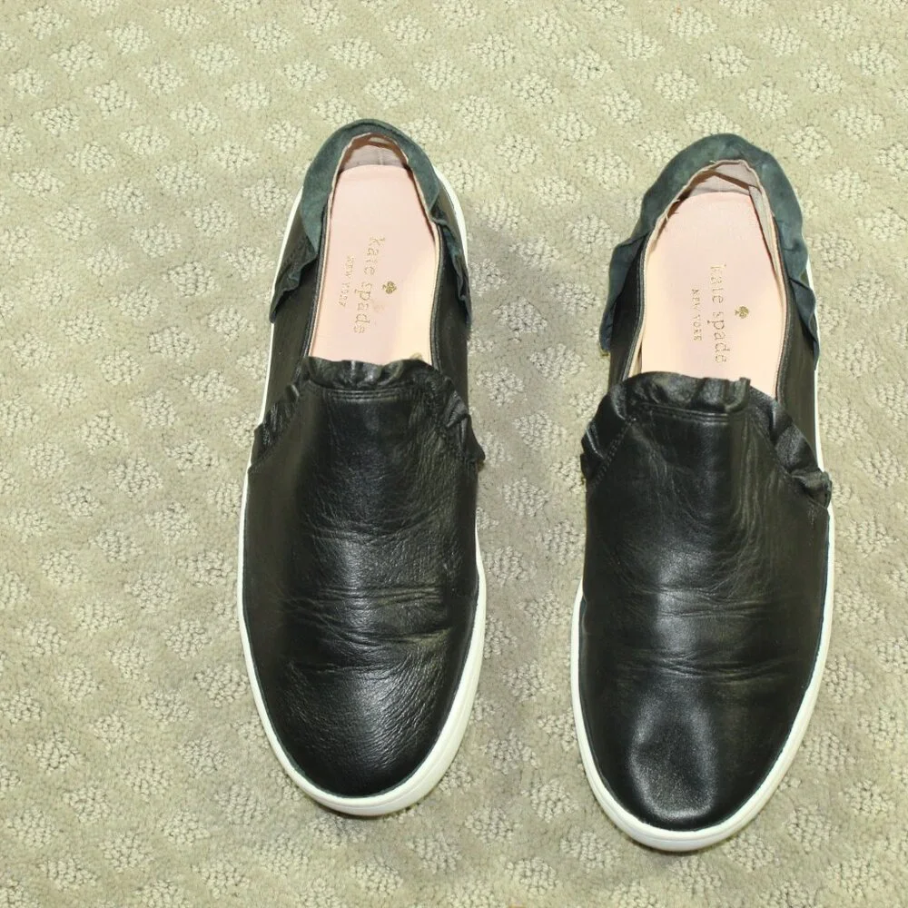 Kate Spade Women's Lilly Sneakers Size 8M Black Leather Casual Ruffled Slip-On